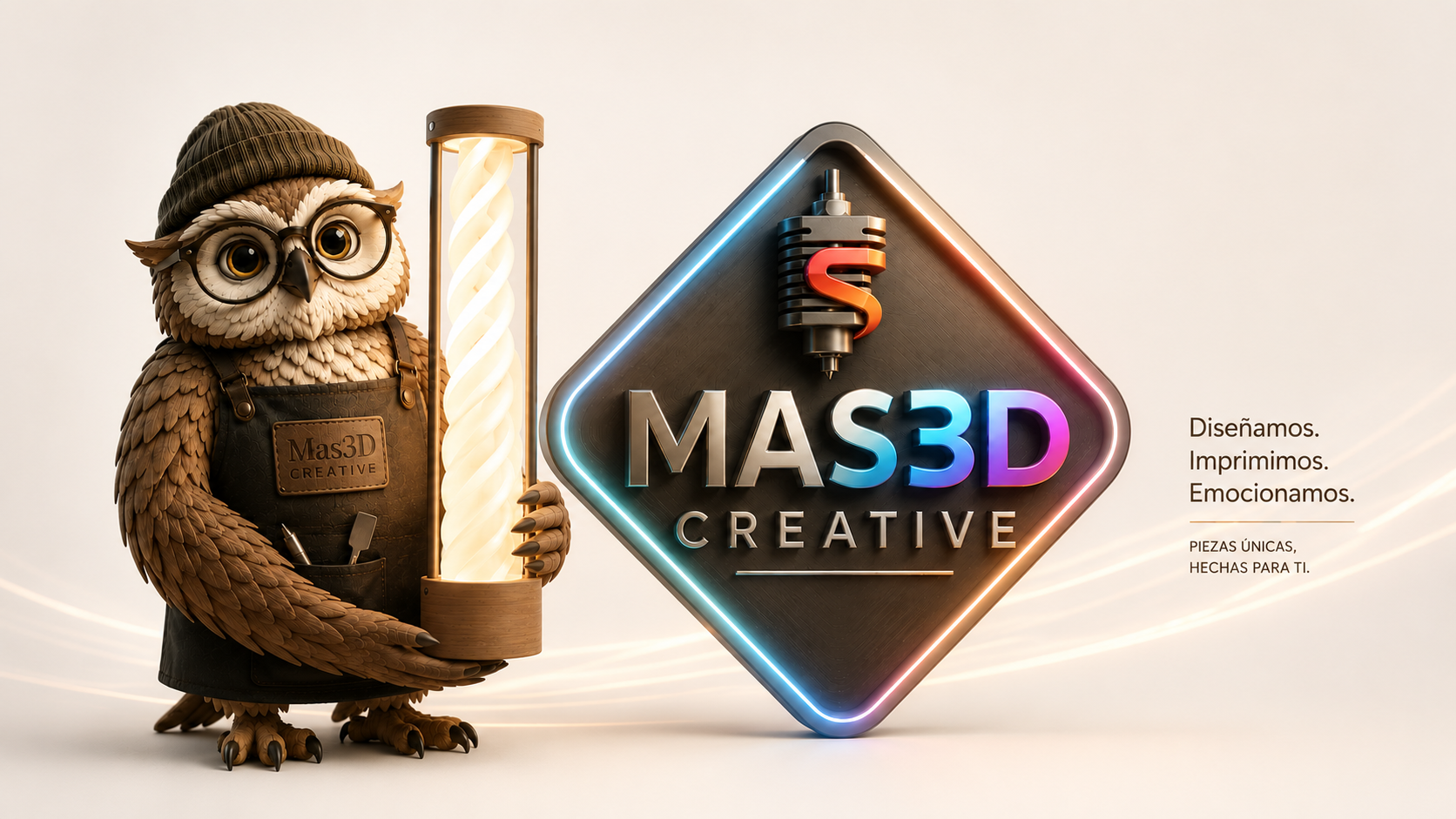 Buho artesano de MAS3D Creative sosteniendo una lampara junto al logo de la marca sobre fondo calido