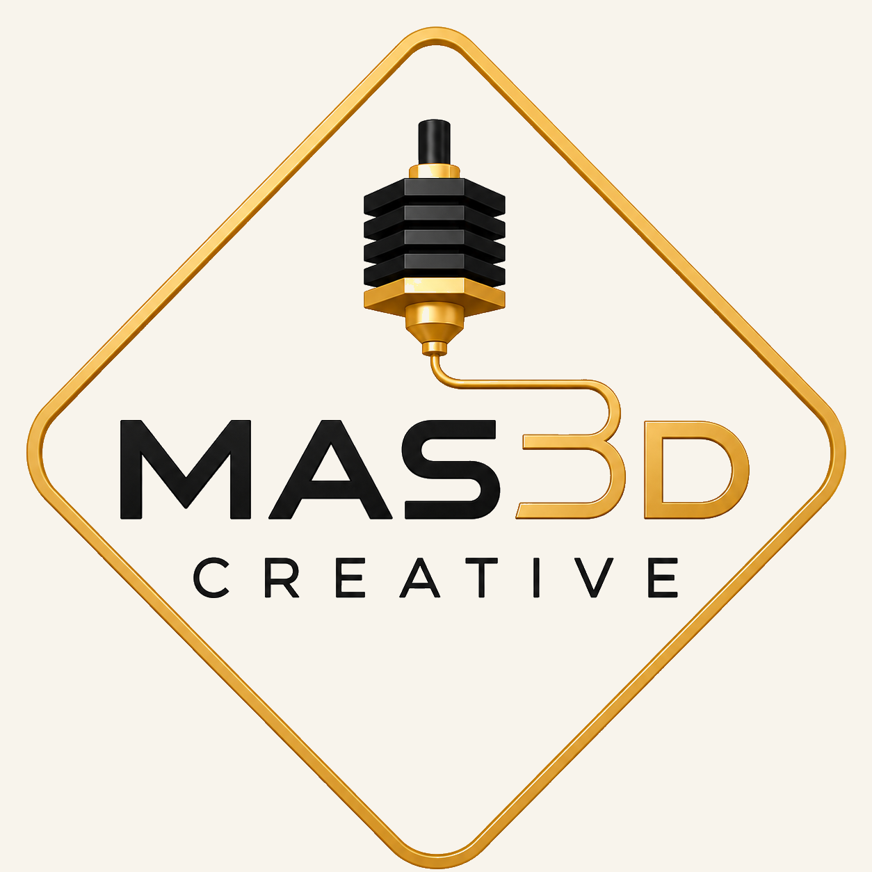 Logo de MAS3D Creative en rombo dorado sobre fondo crema