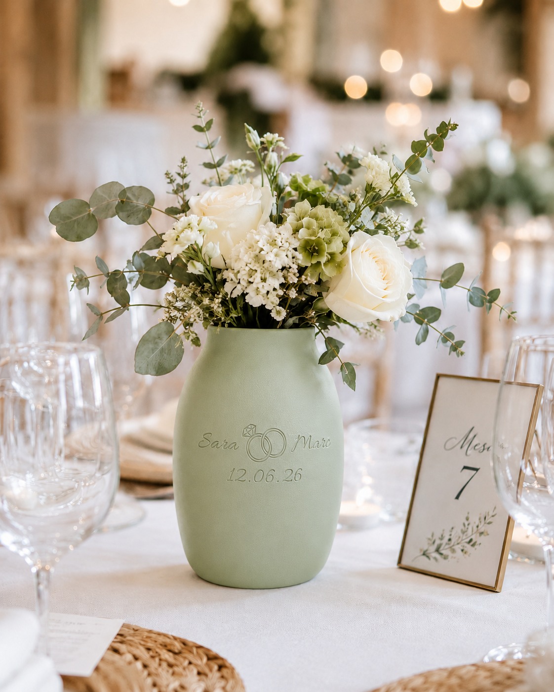 Jarrón personalizado MAS3D Creative para boda con nombres y fecha sobre mesa decorada