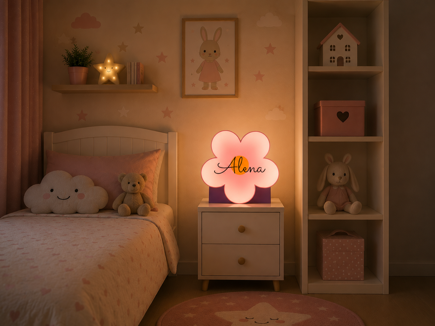 Lámpara personalizada encendida sobre una mesita en una habitación infantil