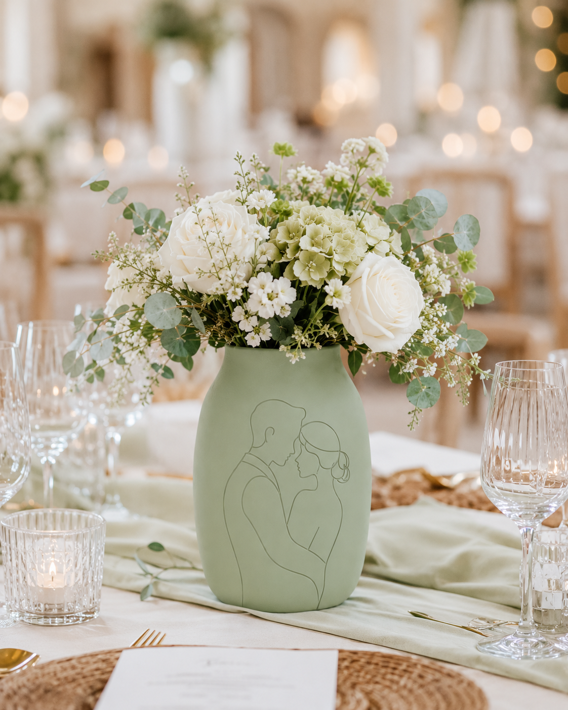 Jarrón personalizado verde con flores sobre una mesa de boda