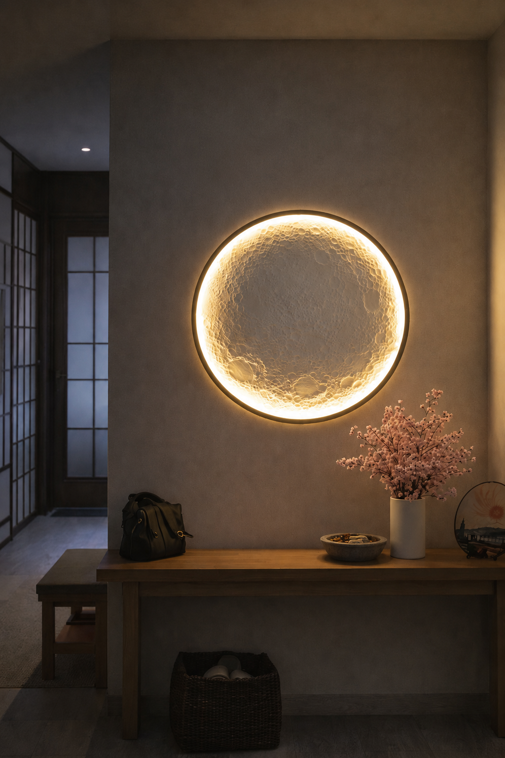 Lámpara decorativa circular de pared estilo luna diseñada por MAS3D Creative en un ambiente interior elegante.