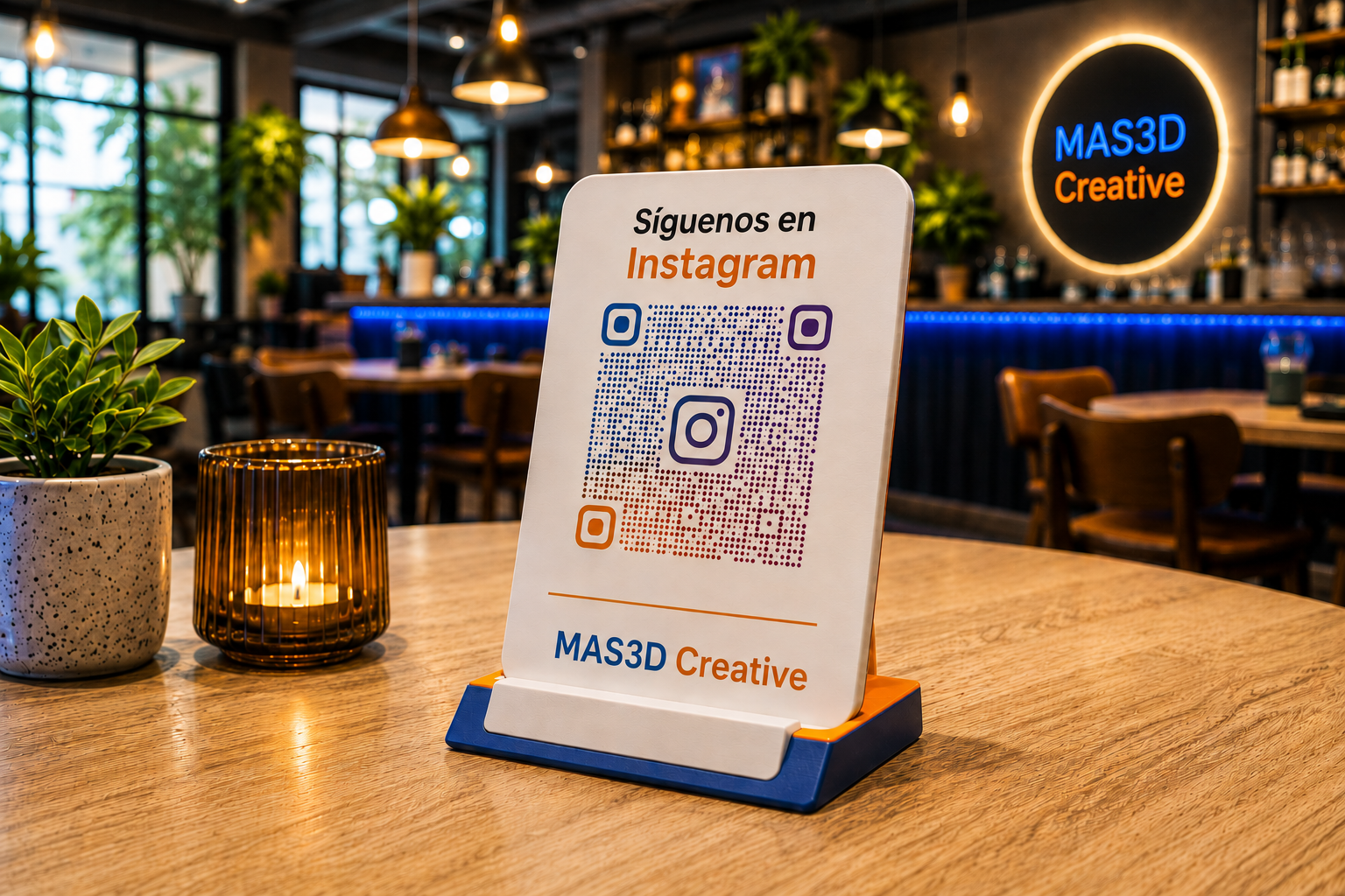 Soporte QR personalizado impreso en 3D para Instagram de MAS3D Creative en un ambiente de restaurante.